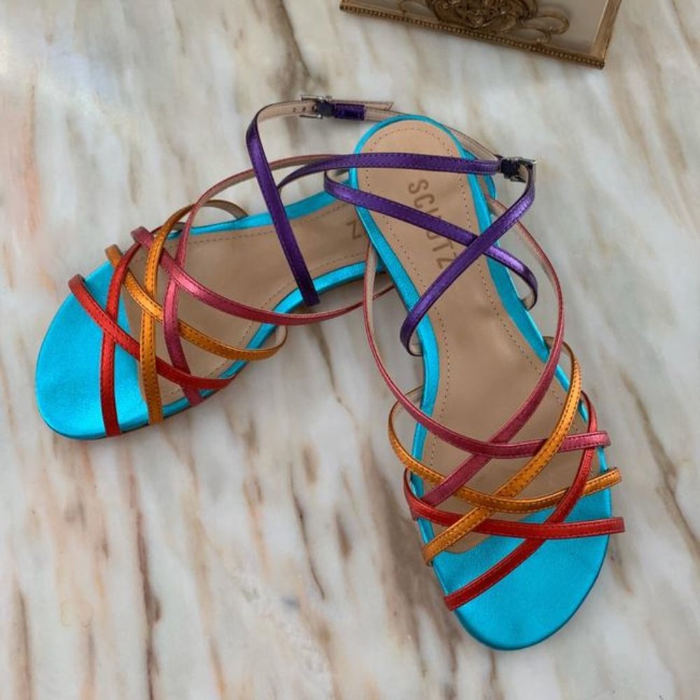 Brand New SCHUTZ Blue Gold Leather Flat Sandals